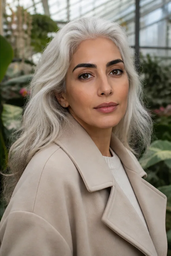 Natural face-swap result for an older adult woman in a beige coat inside a botanical garden