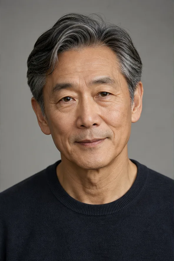 Face identity reference: an older East Asian man with kind eyes and refined facial lines