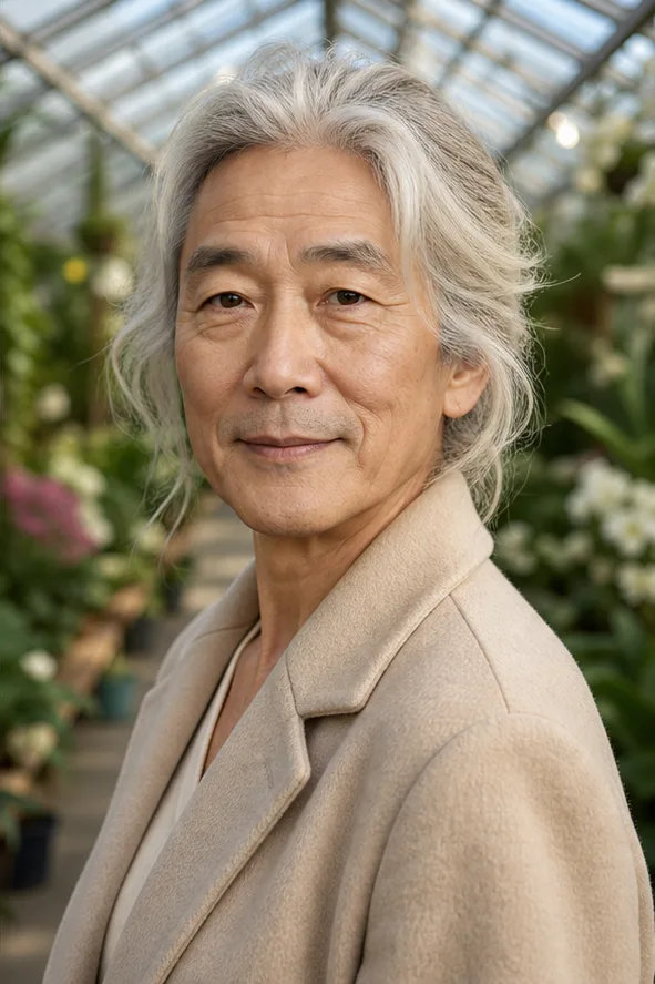 Natural face-swap result for an older adult woman in a beige coat inside a botanical garden