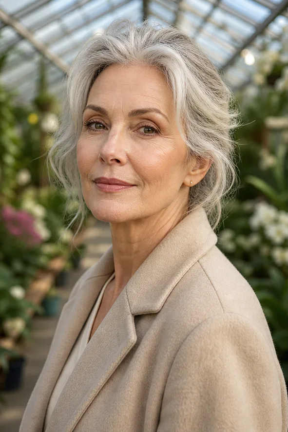Face-swap target: an older adult woman in a beige coat inside a botanical garden
