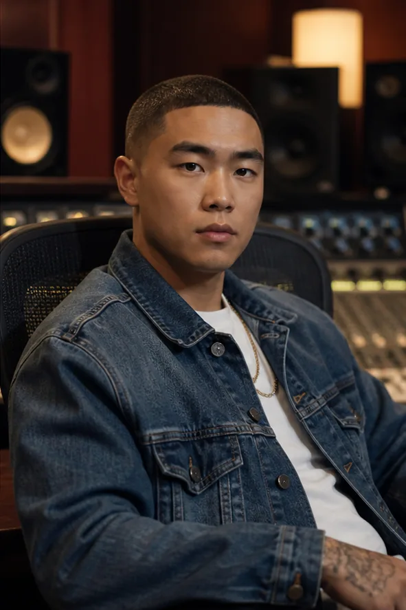 Natural face-swap result for an adult Latino man in a denim jacket seated in a recording studio