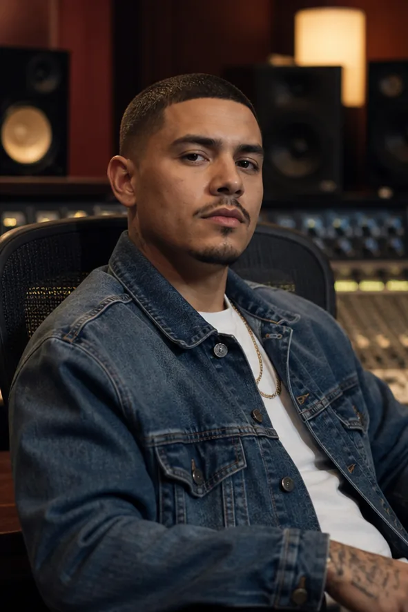 Face-swap target: an adult Latino man in a denim jacket seated in a recording studio