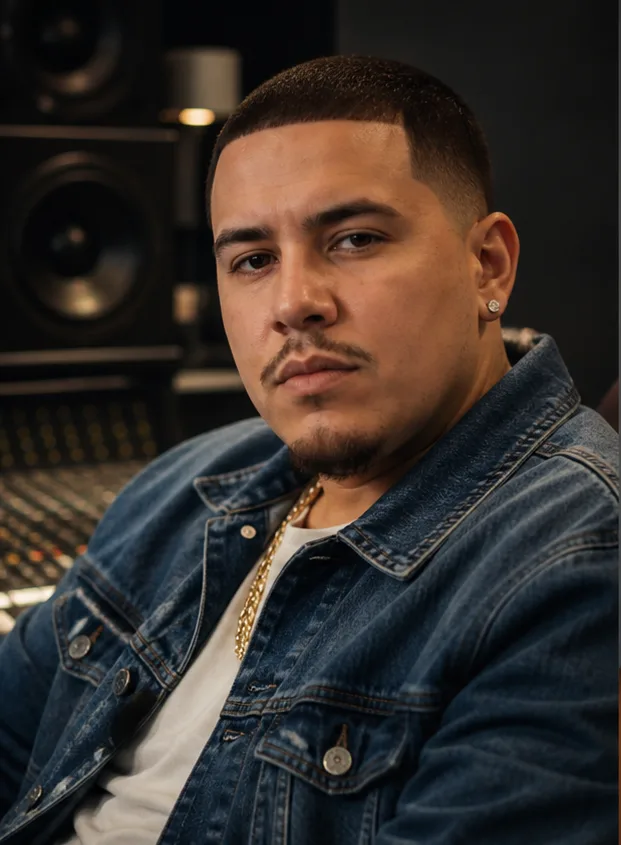 Face-swap target: an adult Latino man in a denim jacket seated in a recording studio