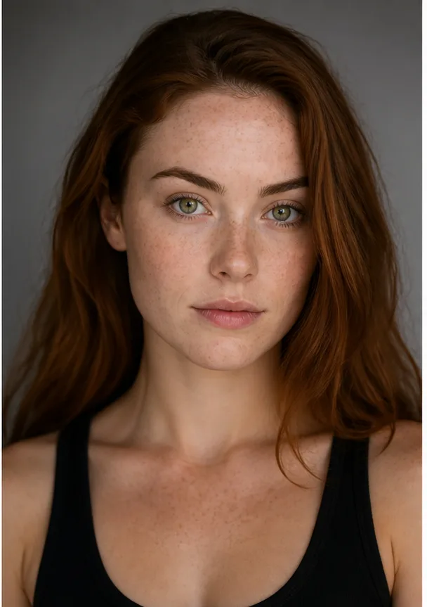 Face identity reference: an adult white woman with freckles and a heart-shaped face