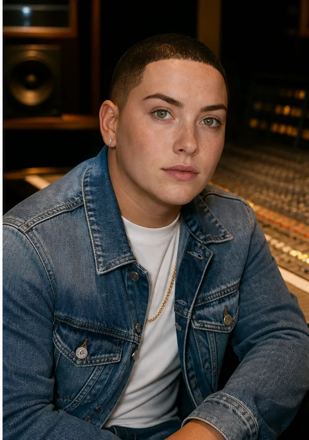 Natural face-swap result for an adult Latino man in a denim jacket seated in a recording studio