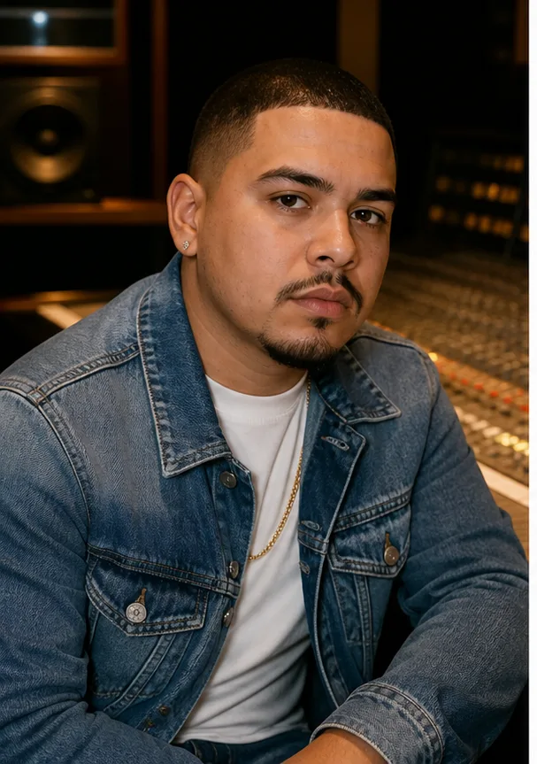 Face-swap target: an adult Latino man in a denim jacket seated in a recording studio