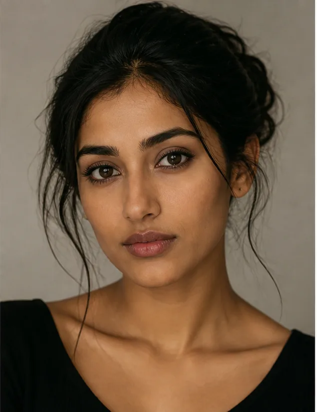 Face identity reference: an adult South Asian woman with expressive eyes and a softly angular face