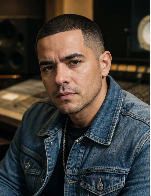 Face-swap target: an adult Latino man in a denim jacket seated in a recording studio