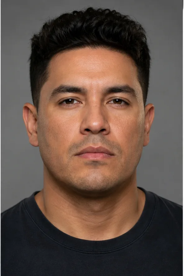 Face identity reference: an adult Latino man with a square jaw and gentle brown eyes