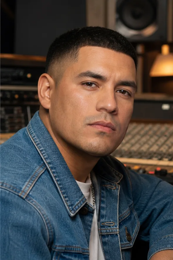 Natural face-swap result for an adult Latino man in a denim jacket seated in a recording studio