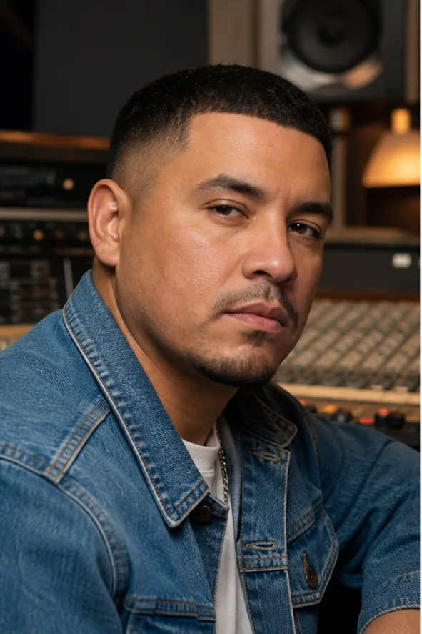 Face-swap target: an adult Latino man in a denim jacket seated in a recording studio
