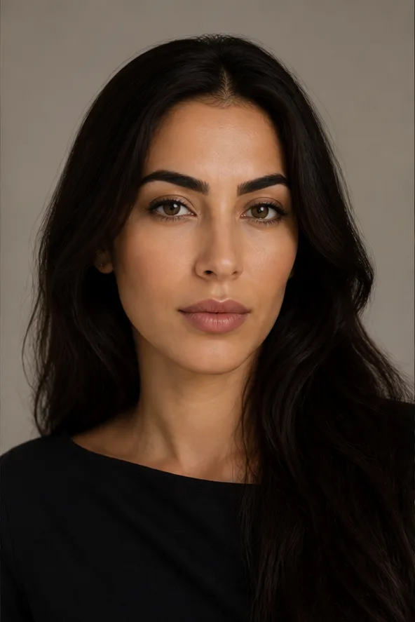 Face identity reference: an adult Middle Eastern woman with strong brows and a graceful long face