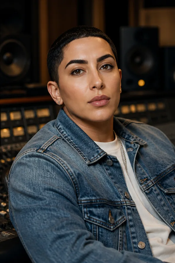 Natural face-swap result for an adult Latino man in a denim jacket seated in a recording studio