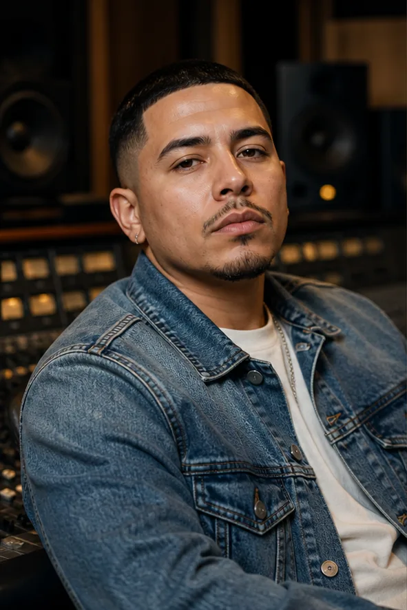 Face-swap target: an adult Latino man in a denim jacket seated in a recording studio