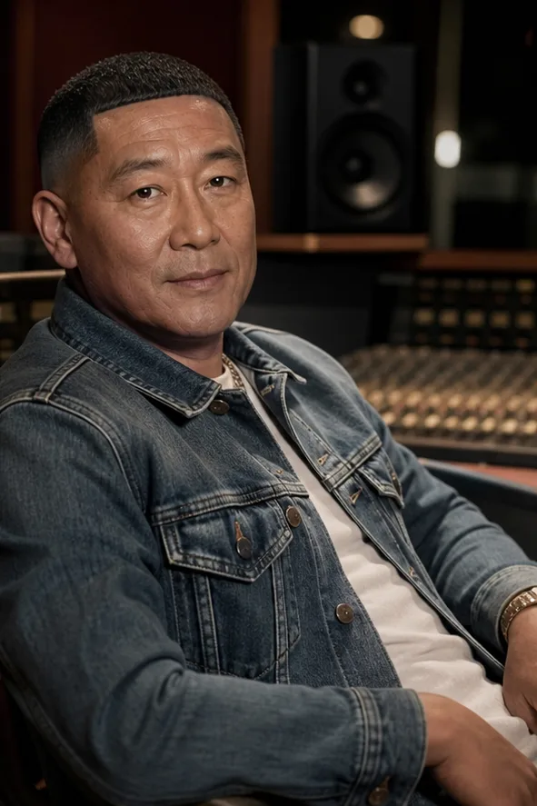 Natural face-swap result for an adult Latino man in a denim jacket seated in a recording studio