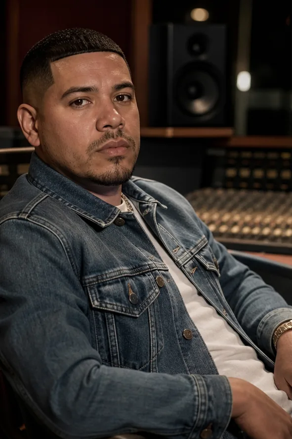 Face-swap target: an adult Latino man in a denim jacket seated in a recording studio