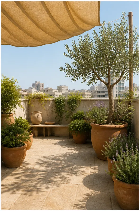 Reference for lush Mediterranean design with terracotta, olive trees, and warm linen