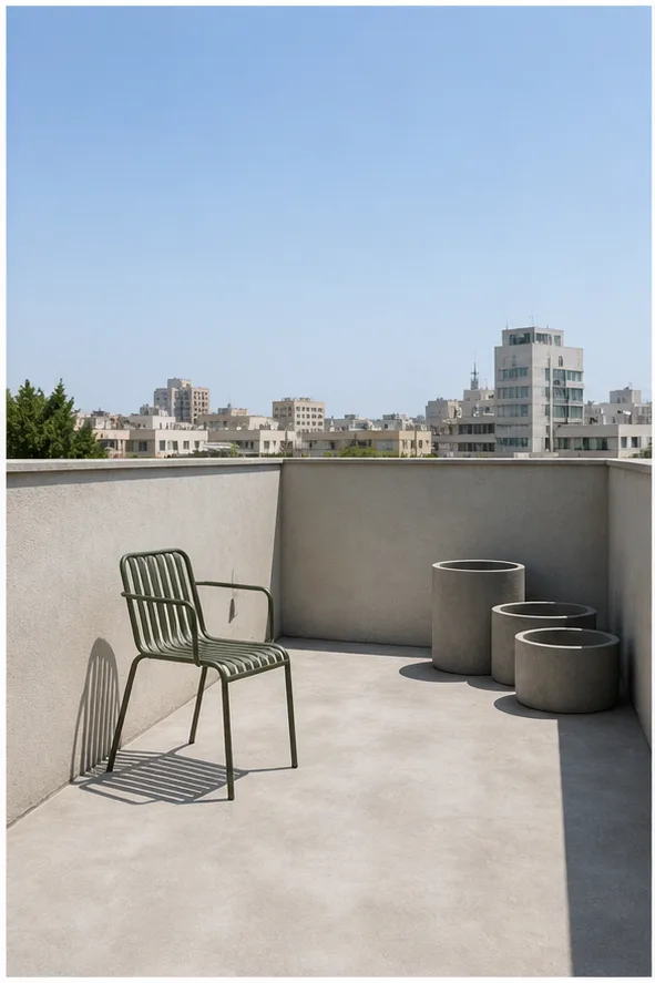 Unedited compact rooftop terrace with a metal chair and empty planters
