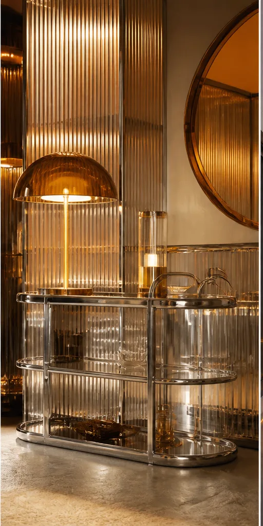 Reference for retro-futurist design with brushed chrome, translucent acrylic, and amber light