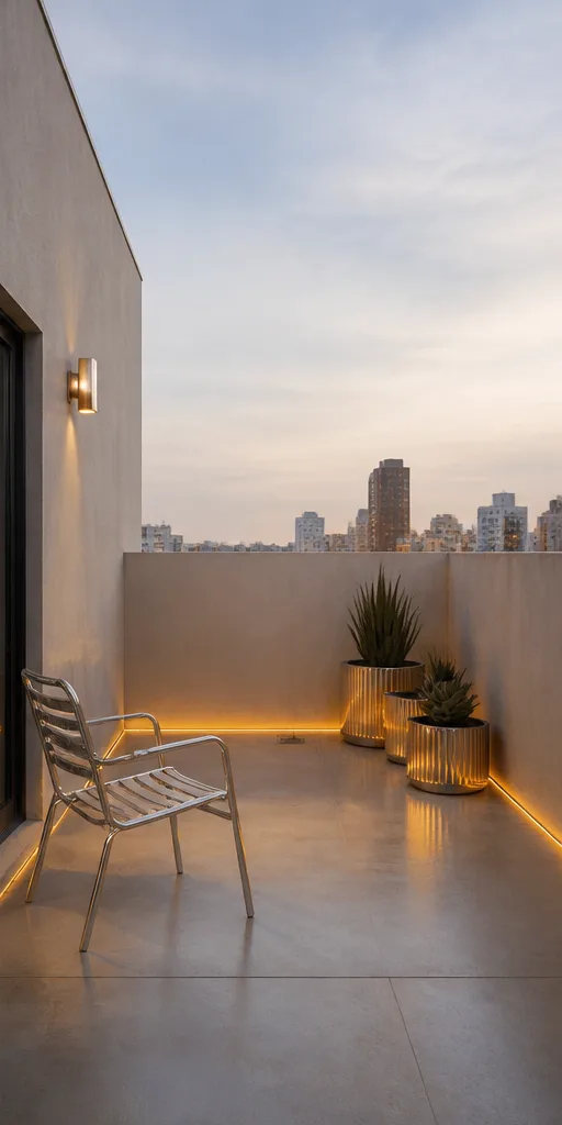 compact rooftop terrace with a metal chair and empty planters after the reference-guided edit