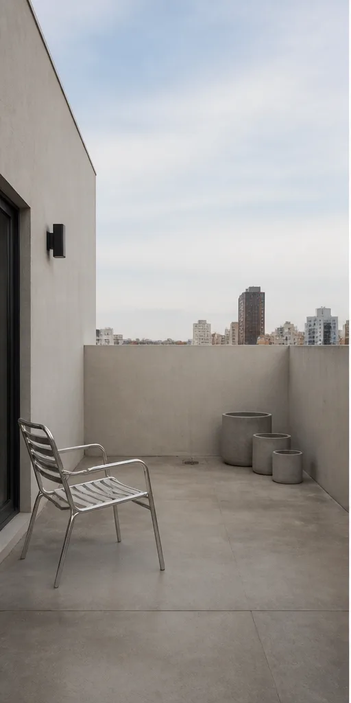 Unedited compact rooftop terrace with a metal chair and empty planters