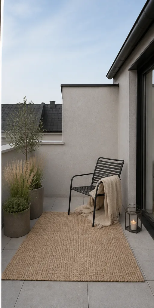 compact rooftop terrace with a metal chair and empty planters after the reference-guided edit