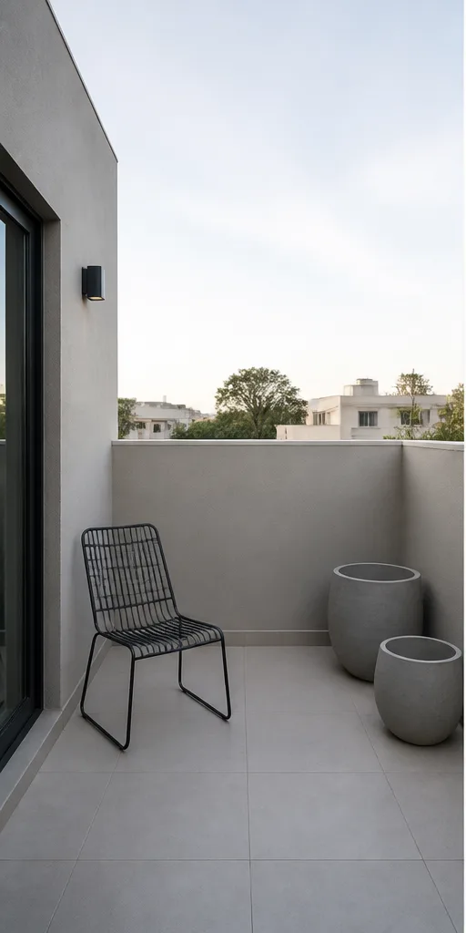 Unedited compact rooftop terrace with a metal chair and empty planters