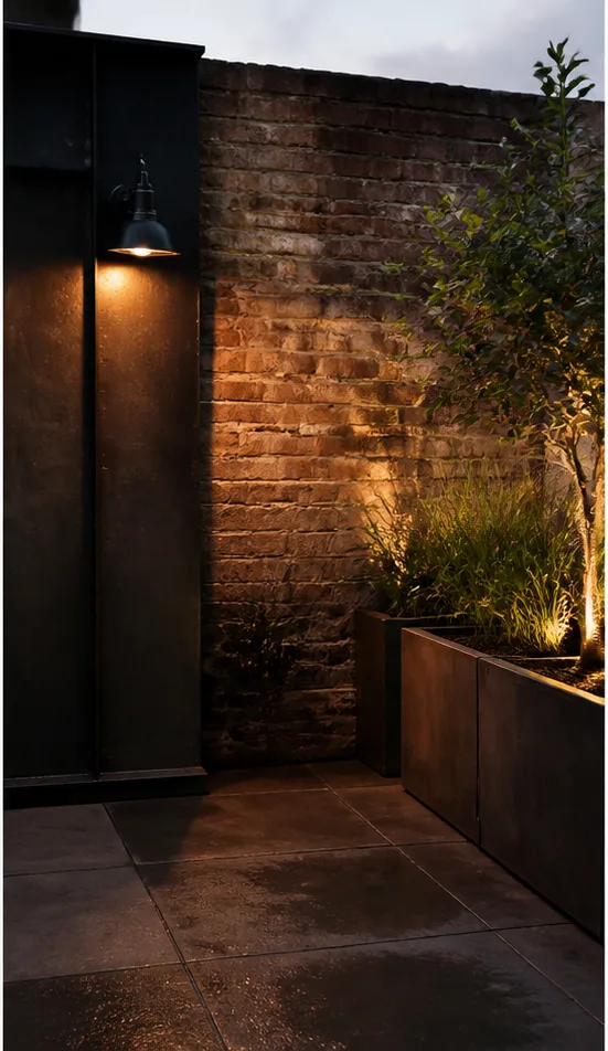 Reference for refined industrial design with blackened steel, reclaimed brick, and warm task light