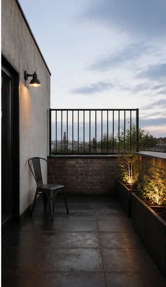 compact rooftop terrace with a metal chair and empty planters after the reference-guided edit