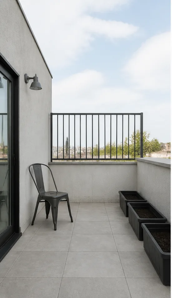 Unedited compact rooftop terrace with a metal chair and empty planters