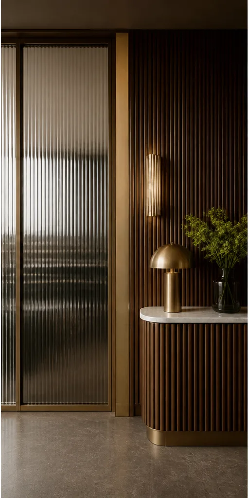 Reference for contemporary Art Deco design with fluted glass, walnut, and muted brass