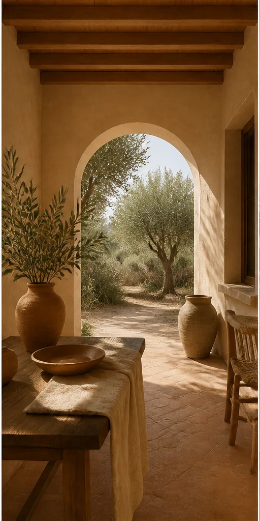 Reference for lush Mediterranean design with terracotta, olive trees, and warm linen