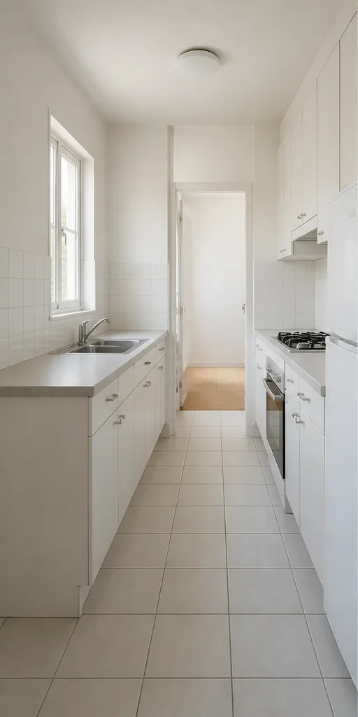 Unedited small galley kitchen with white cabinets and plain tile