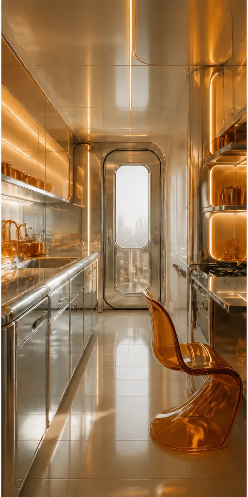Reference for retro-futurist design with brushed chrome, translucent acrylic, and amber light