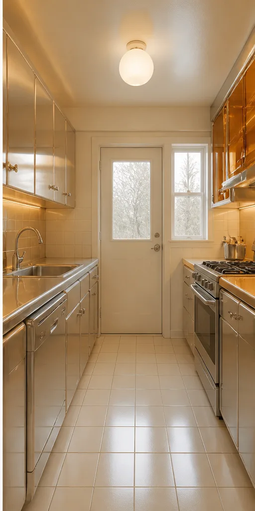 small galley kitchen with white cabinets and plain tile after the reference-guided edit