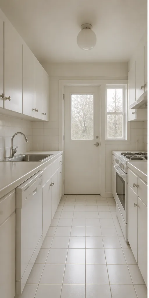 Unedited small galley kitchen with white cabinets and plain tile