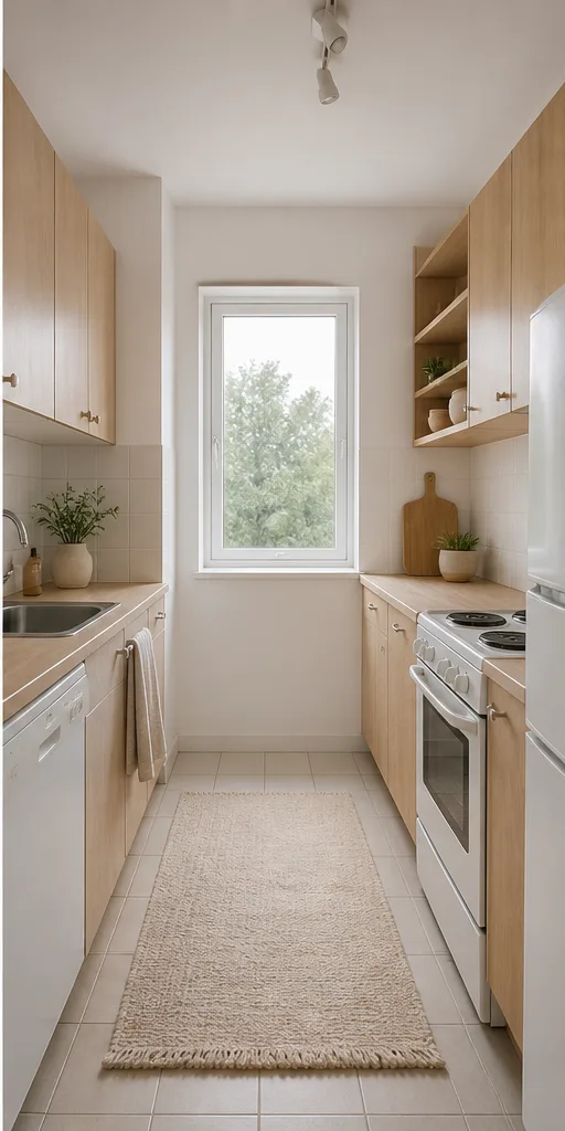 small galley kitchen with white cabinets and plain tile after the reference-guided edit