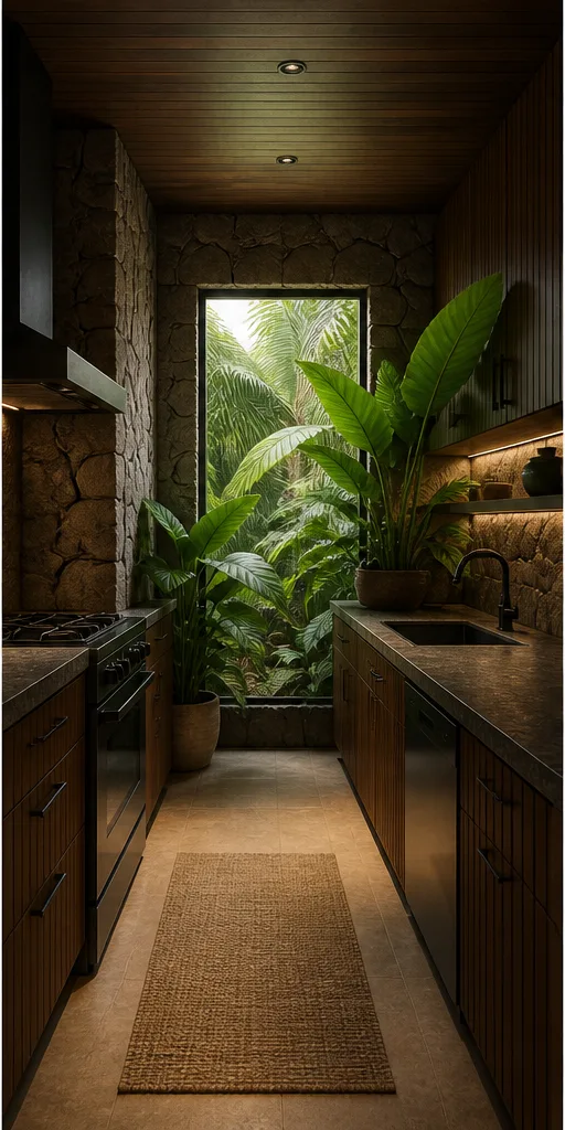 Reference for tropical modern design with dark timber, broad-leaf plants, and textured stone