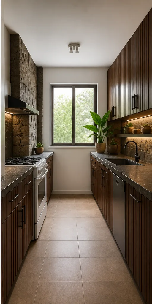 small galley kitchen with white cabinets and plain tile after the reference-guided edit