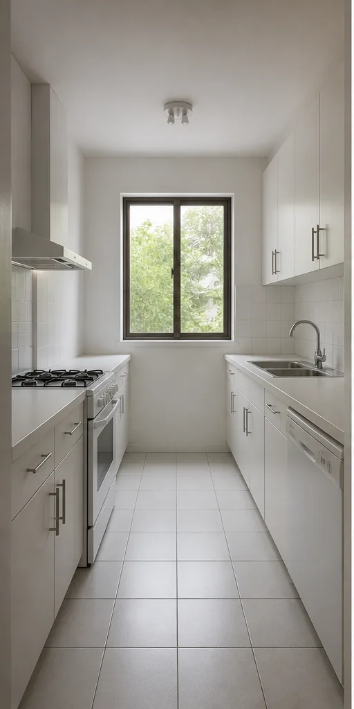 Unedited small galley kitchen with white cabinets and plain tile