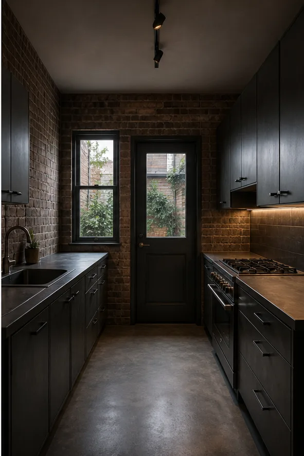 small galley kitchen with white cabinets and plain tile after the reference-guided edit