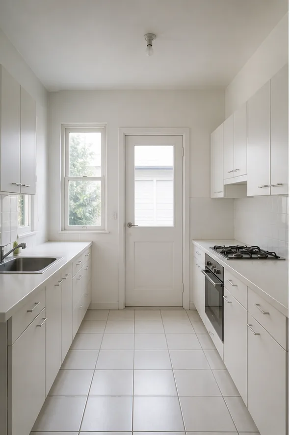 Unedited small galley kitchen with white cabinets and plain tile