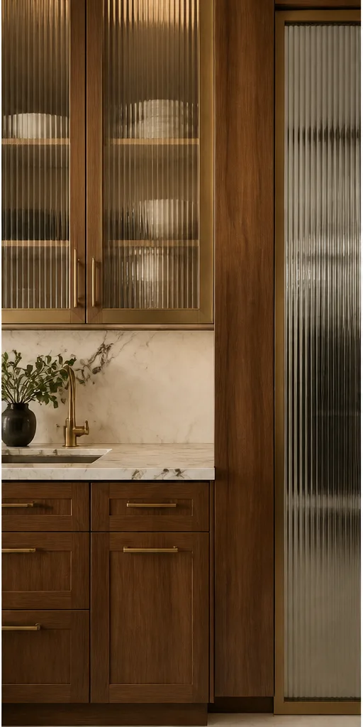 Reference for contemporary Art Deco design with fluted glass, walnut, and muted brass