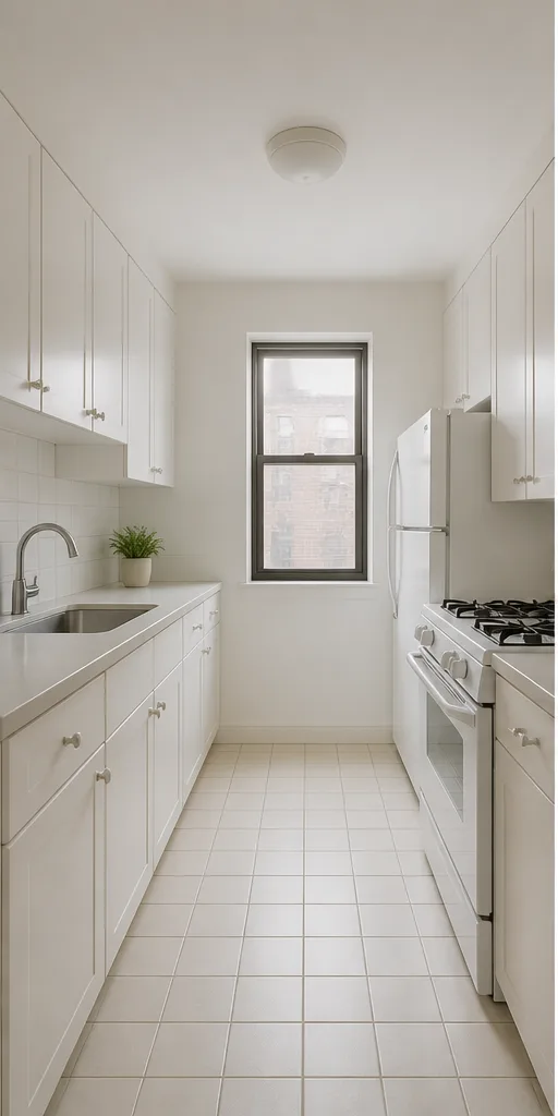 Unedited small galley kitchen with white cabinets and plain tile