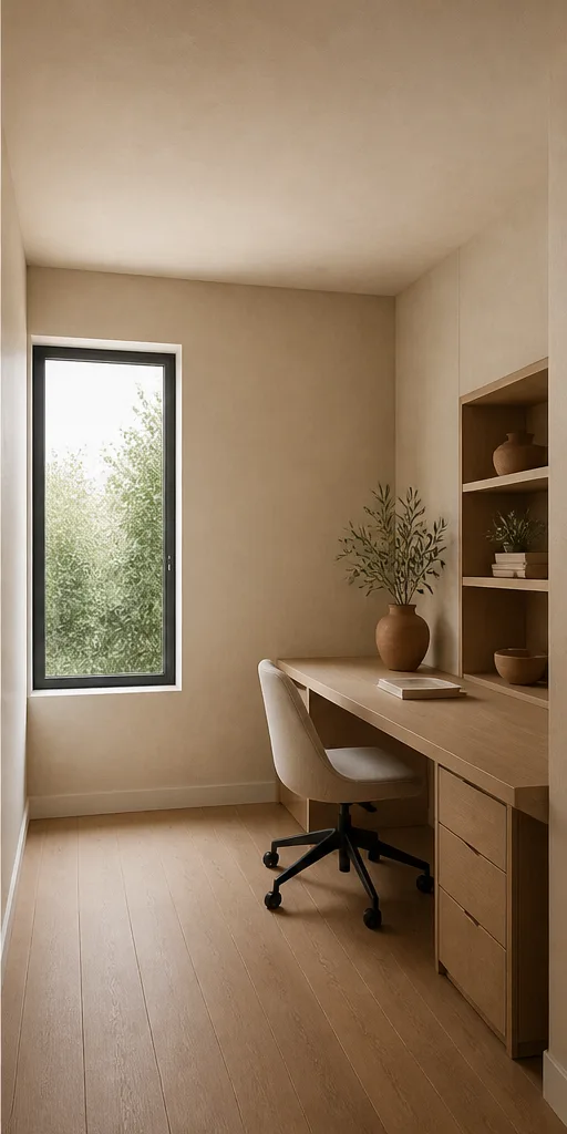 minimal home office with a desk, shelf, and one window after the reference-guided edit