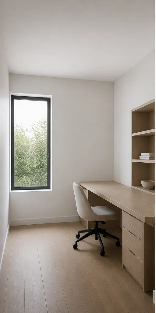 Unedited minimal home office with a desk, shelf, and one window