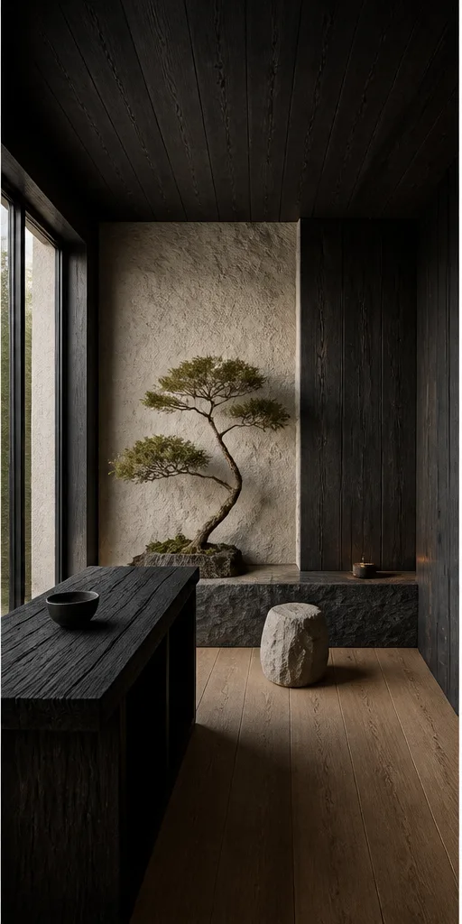 Reference for Japanese wabi-sabi design with charred wood, pale stone, and sculptural pine