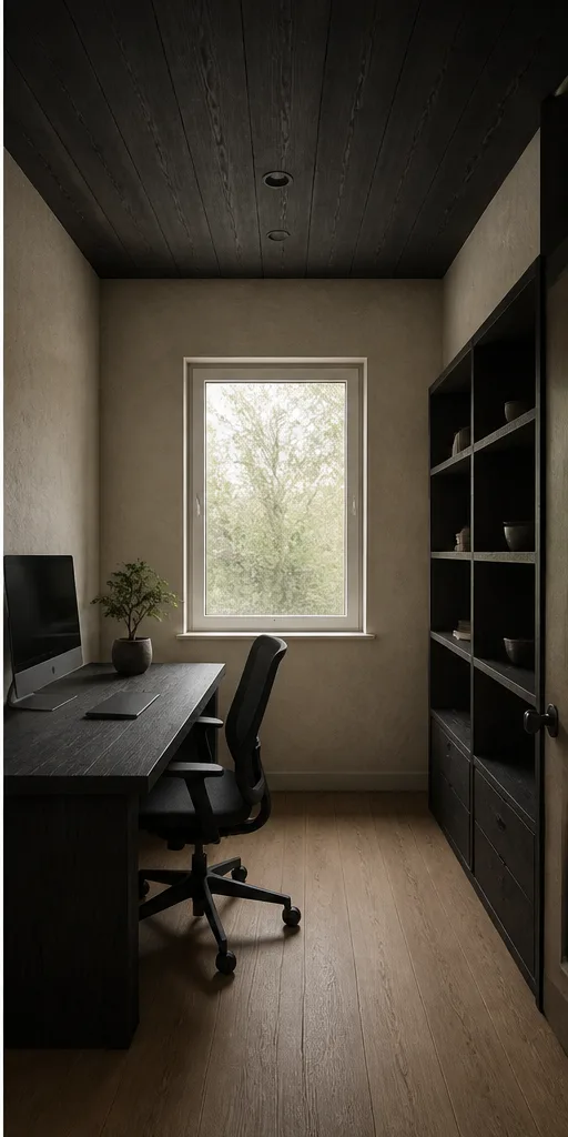 minimal home office with a desk, shelf, and one window after the reference-guided edit