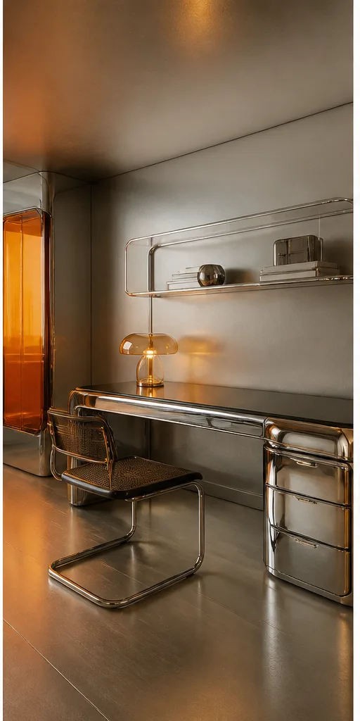 Reference for retro-futurist design with brushed chrome, translucent acrylic, and amber light