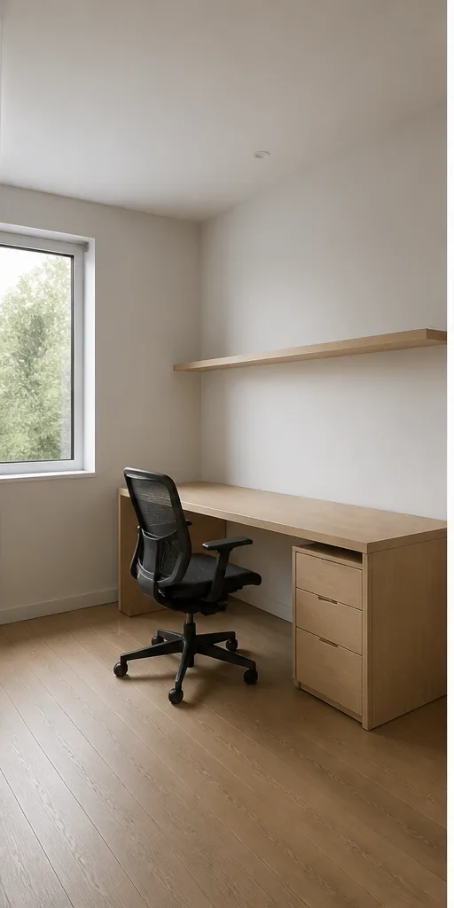 Unedited minimal home office with a desk, shelf, and one window